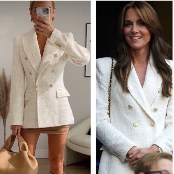 Zara Jackets & Blazers - ZARA Tweed Textured Double Breasted Blazer gold buttons size S